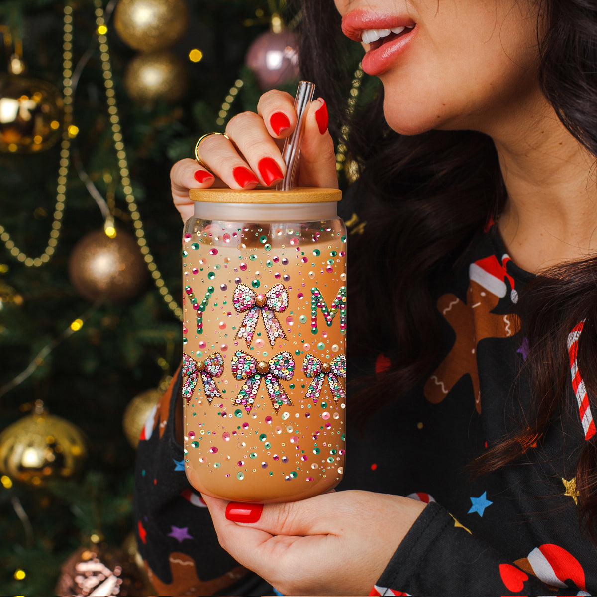 Merry holiday glass cup - glitter tumbler with bamboo lid and straw
Christmas stocking stuffer idea - festive glitter tumbler with bows